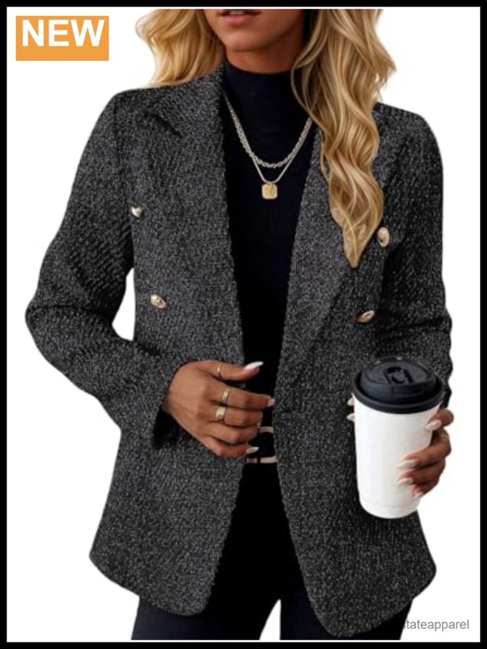 Women's Tweed Blazer Double Breasted Business Casual Long Sleeve Jacket